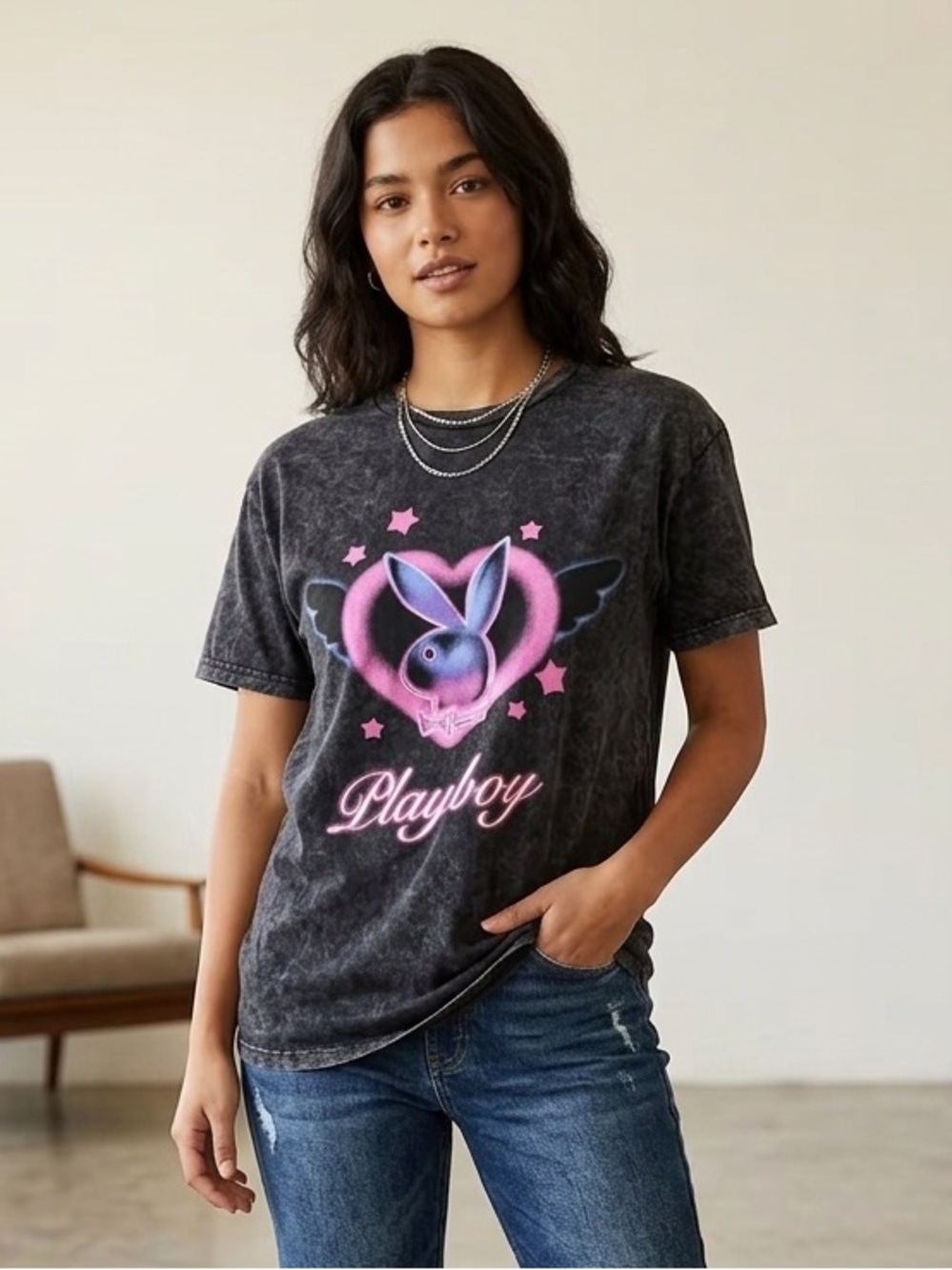 PLAYBOY Black Mineral Wash Tee with Pink Graphic